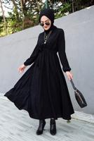 Tesettür giyim SİYAH BELİ BÜZGÜLÜ MANŞETLERİ LASTİKLİ ELBİSE T 6066