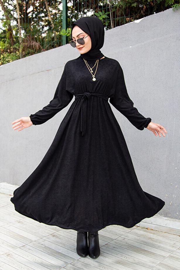 Tesettür giyim  BELİ BÜZGÜLÜ MANŞETLERİ LASTİKLİ ELBİSE T 6066 - TRENDTESETTÜR