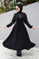 Tesettür giyim SİYAH BELİ BÜZGÜLÜ MANŞETLERİ LASTİKLİ ELBİSE T 6066