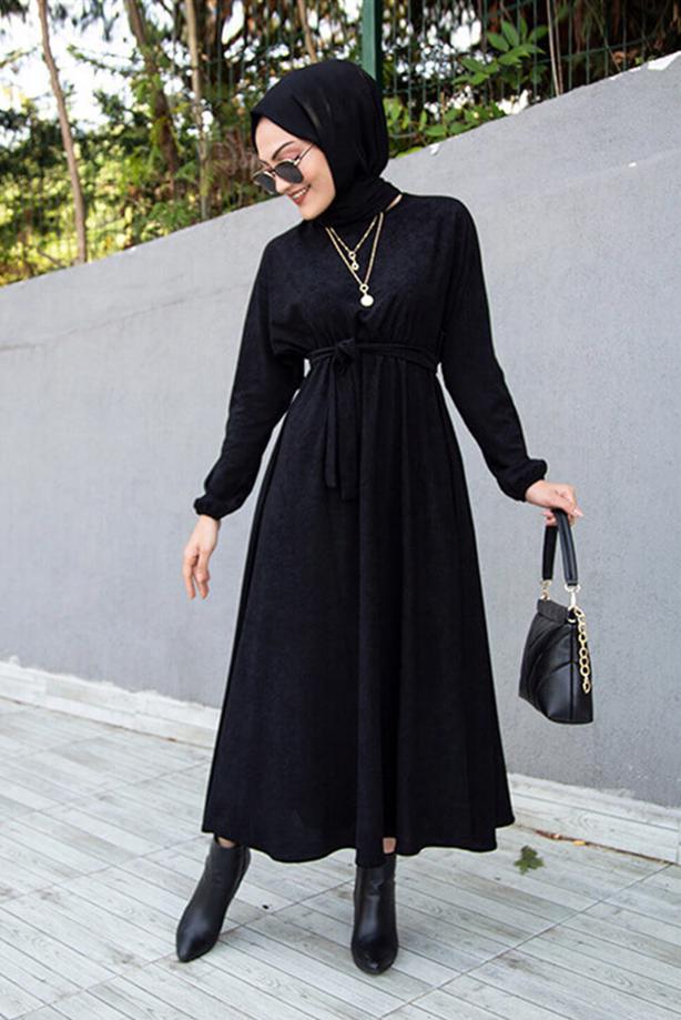 Tesettür giyim  BELİ BÜZGÜLÜ MANŞETLERİ LASTİKLİ ELBİSE T 6066 - TRENDTESETTÜR