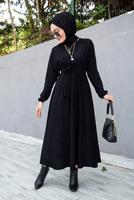 Tesettür giyim SİYAH BELİ BÜZGÜLÜ MANŞETLERİ LASTİKLİ ELBİSE T 6066
