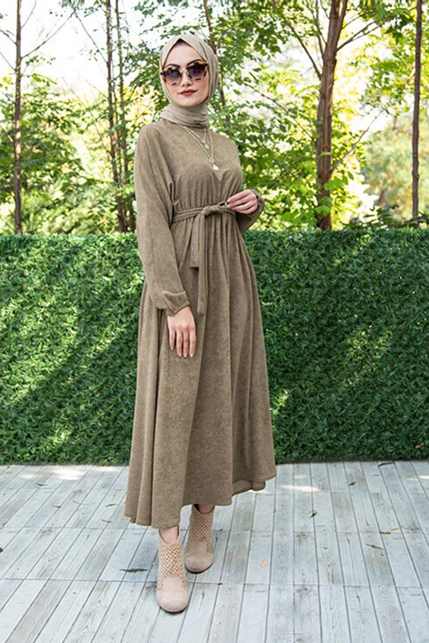 Tesettür giyim  BELİ BÜZGÜLÜ MANŞETLERİ LASTİKLİ ELBİSE T 6066 - TRENDTESETTÜR