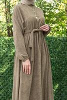 Tesettür giyim VİZON BELİ BÜZGÜLÜ MANŞETLERİ LASTİKLİ ELBİSE T 6066