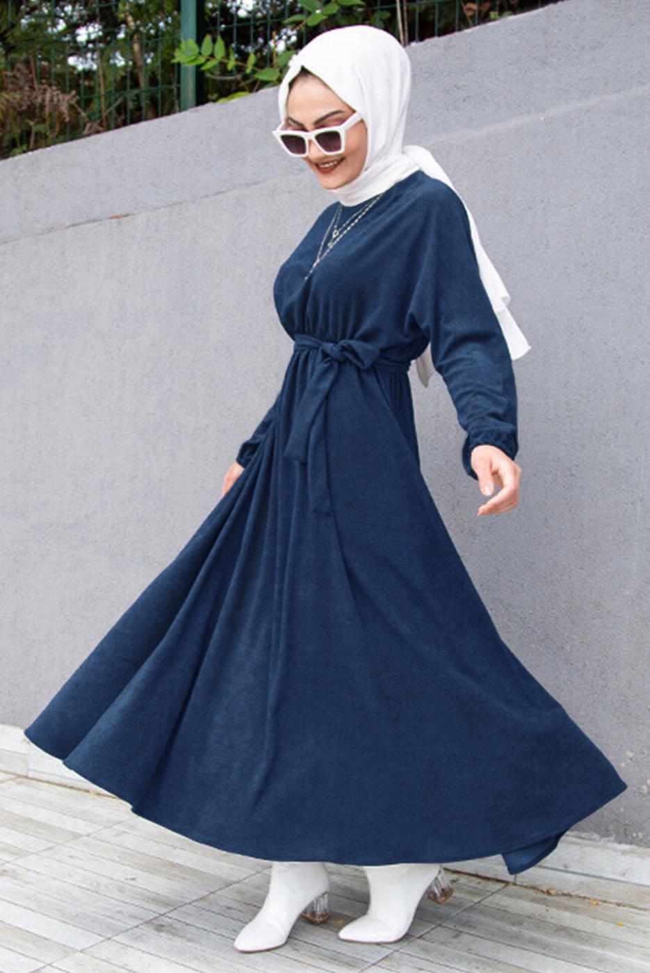 Vêtements hijab BLEU MARINE ROBE TAILLE SMOCKING AVEC POIGNETS ELASTIQUE T 6066