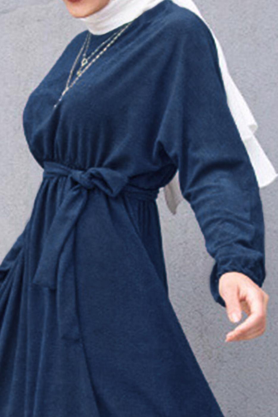 Vêtements hijab BLEU MARINE ROBE TAILLE SMOCKING AVEC POIGNETS ELASTIQUE T 6066