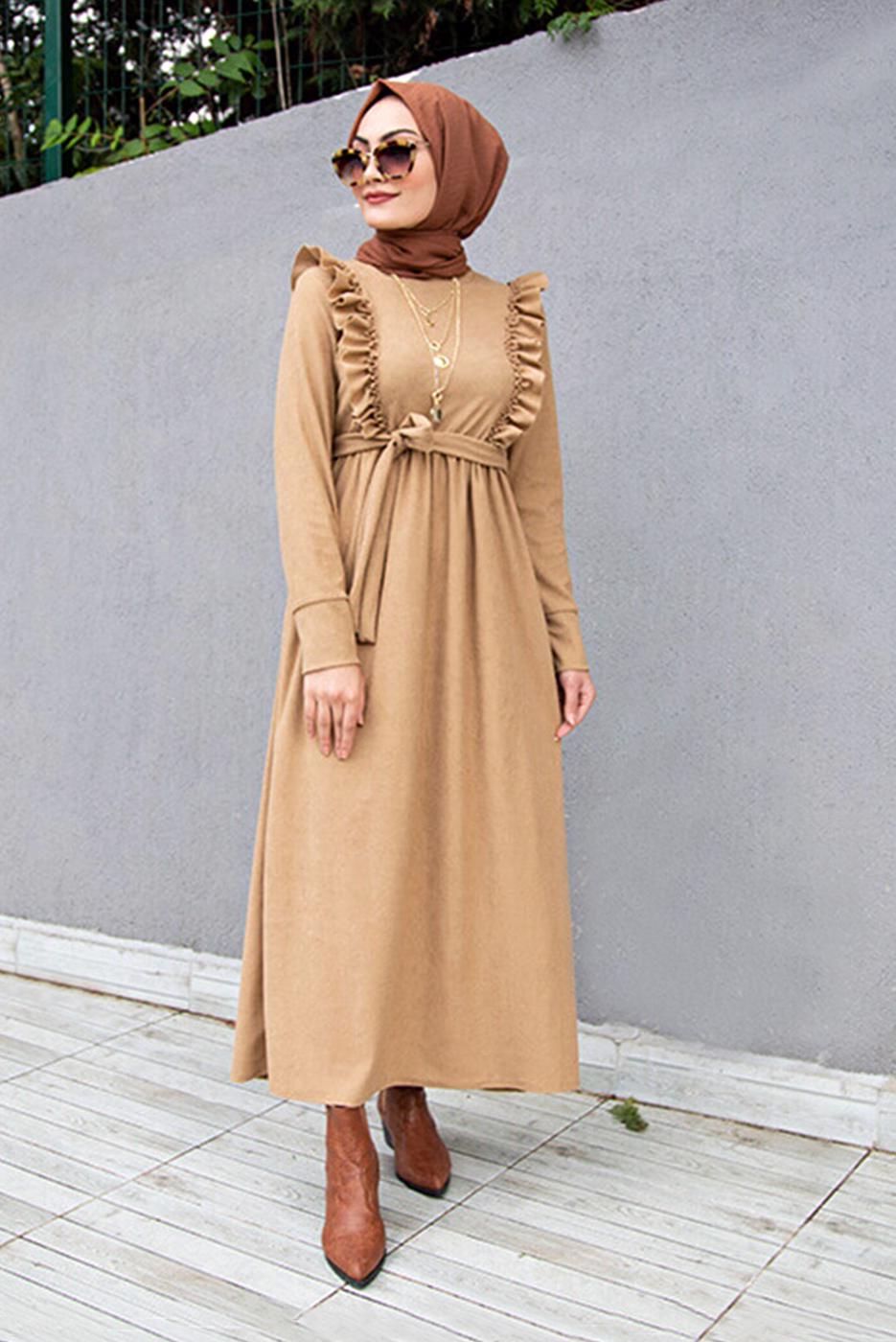 Vêtements hijab BRUN ROBE CEINTURÉE À VOLANTS 7066
