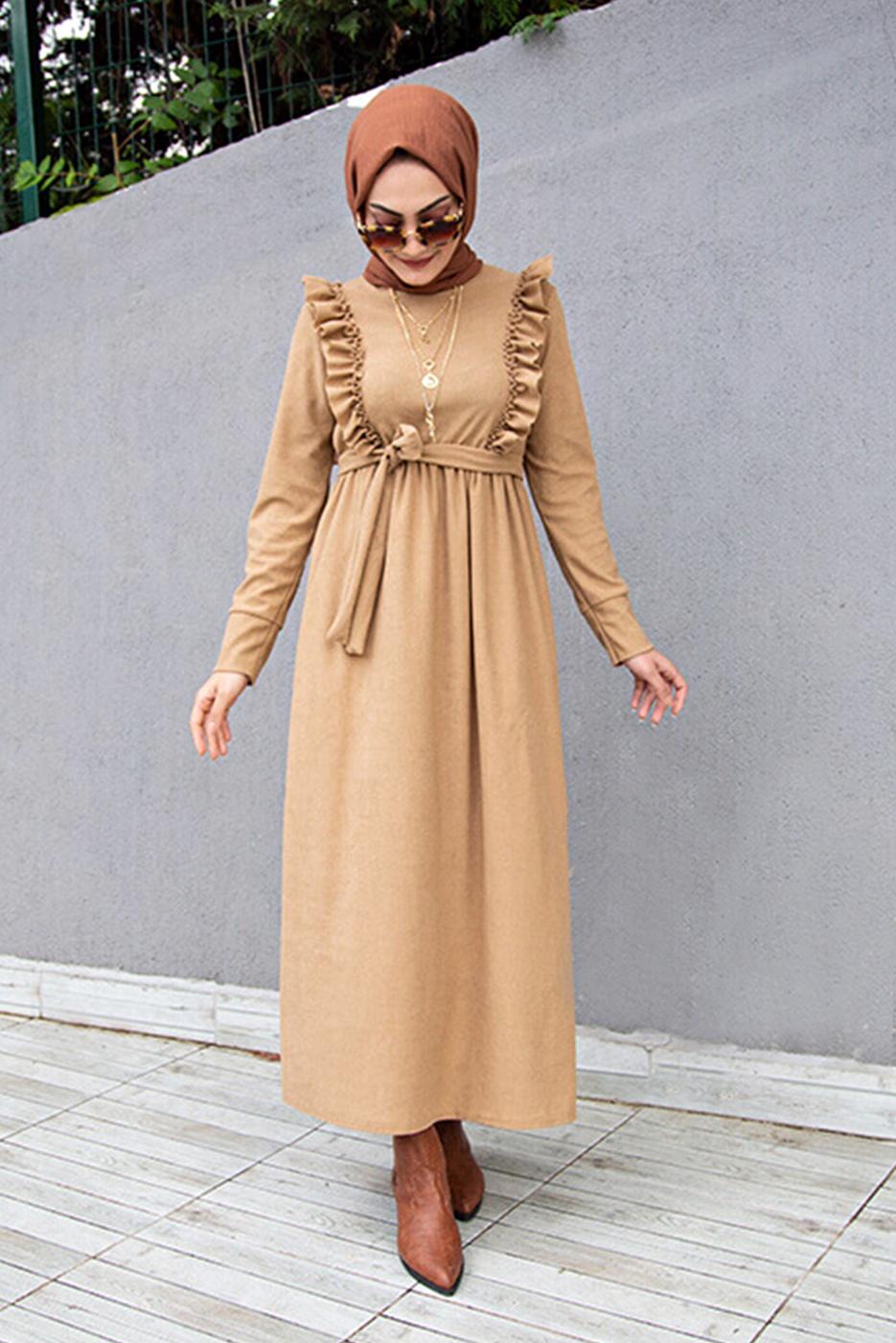 Vêtements hijab BRUN ROBE CEINTURÉE À VOLANTS 7066