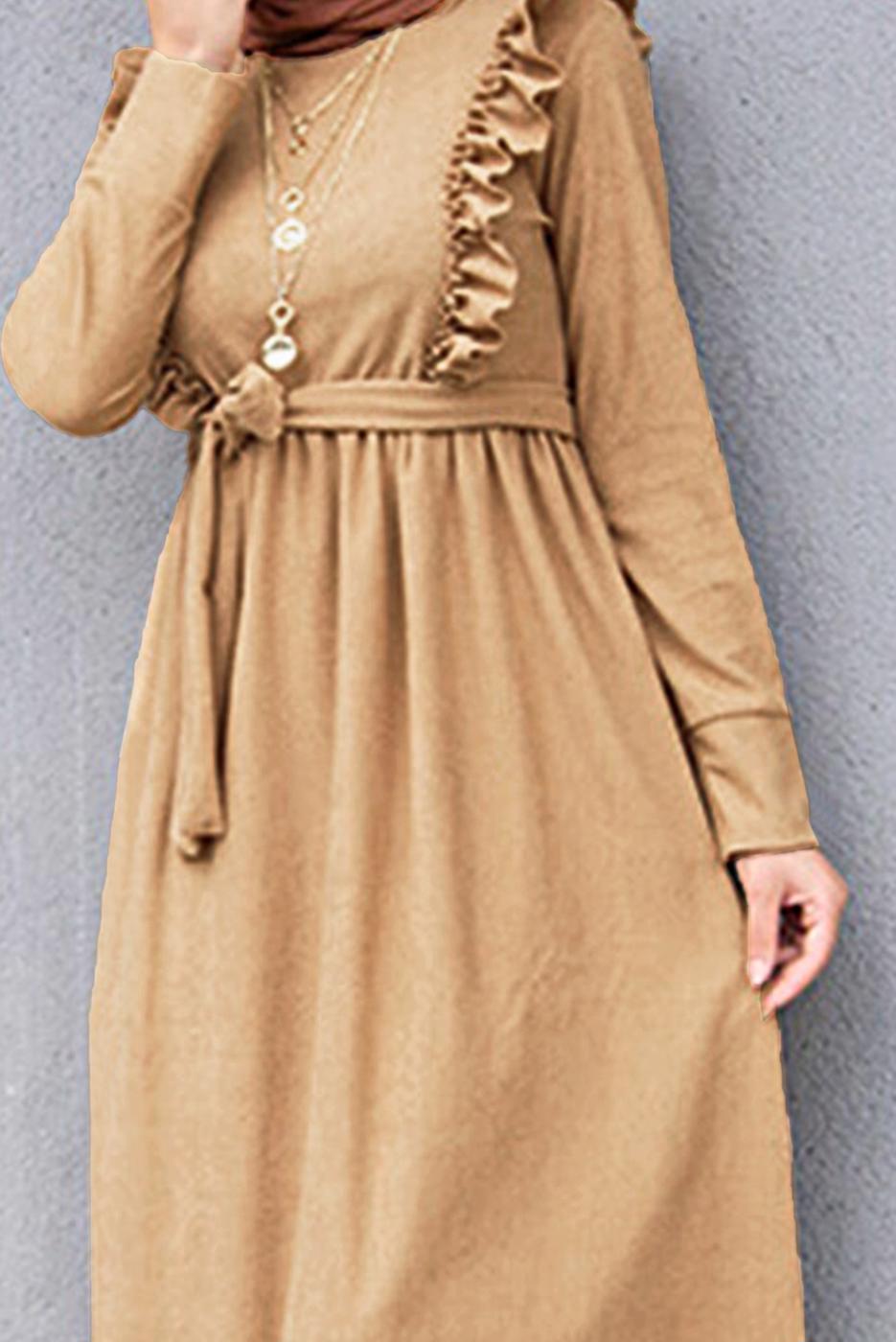 Vêtements hijab BRUN ROBE CEINTURÉE À VOLANTS 7066