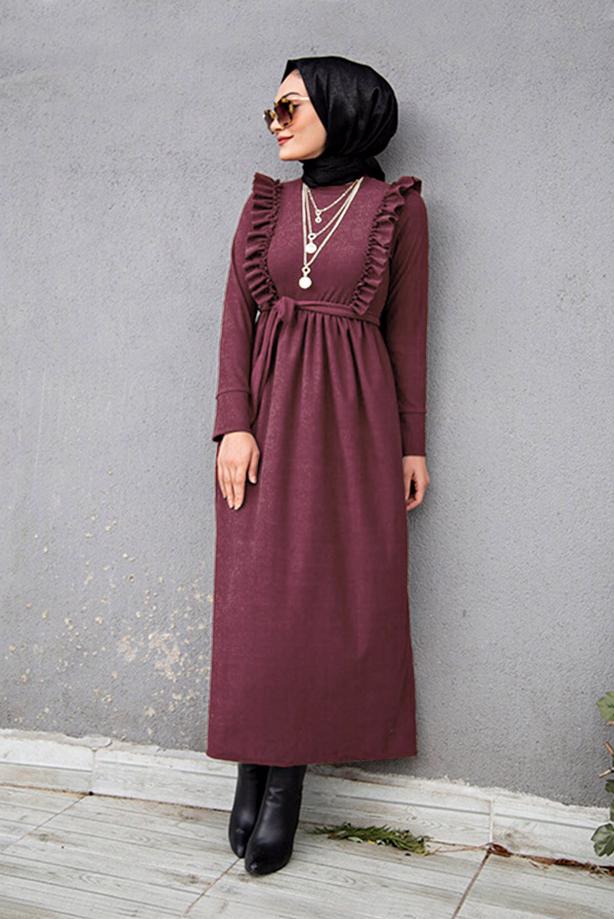 Tesettür giyim  FIRFIR DETAYLI KUŞAKLI ELBİSE 7066  - TRENDTESETTÜR