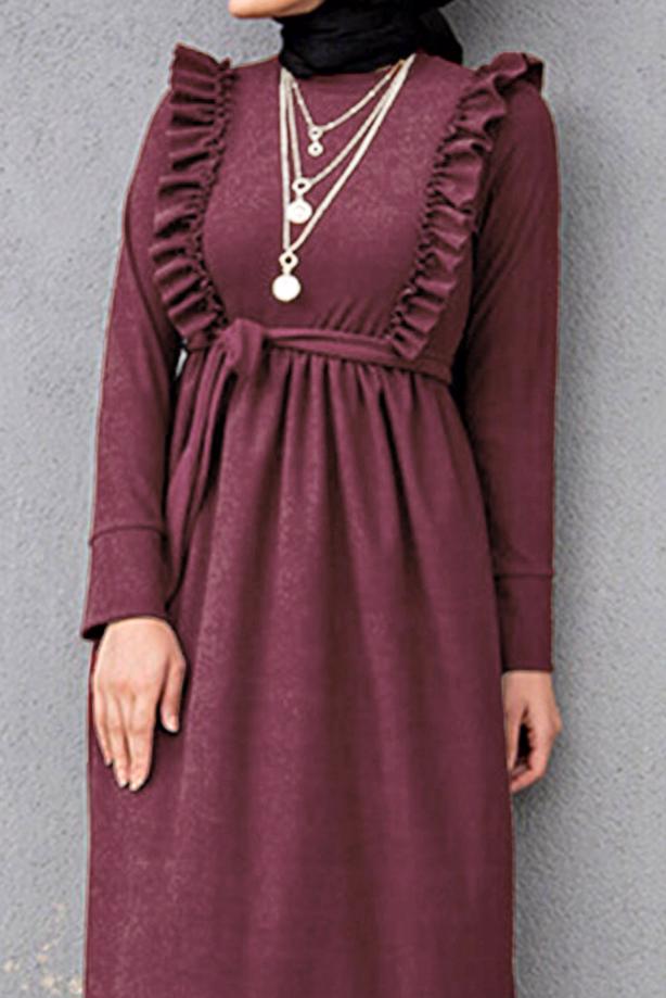 Tesettür giyim  FIRFIR DETAYLI KUŞAKLI ELBİSE 7066  - TRENDTESETTÜR