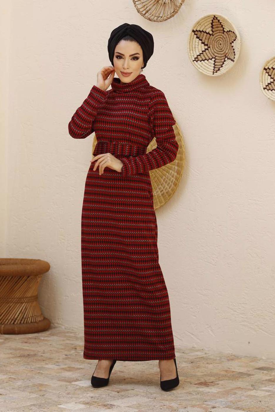 Hijab clothing CLARET RED 3-COLOR HOUNDSTOOTH TEXTURED DRESS 7444