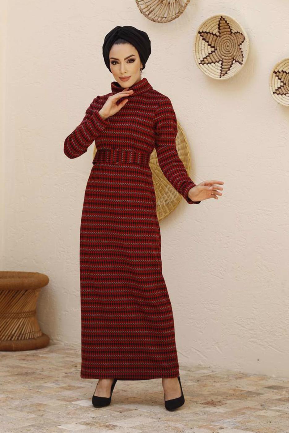 Hijab clothing CLARET RED 3-COLOR HOUNDSTOOTH TEXTURED DRESS 7444