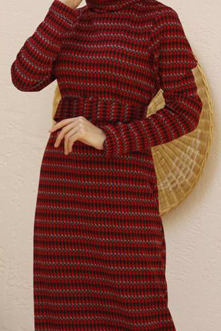Hijab clothing CLARET RED 3-COLOR HOUNDSTOOTH TEXTURED DRESS 7444