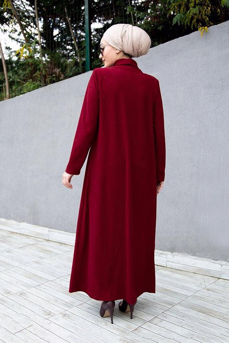 Tesettür giyim BORDO CEPLİ İKİLİ TRİKO ELBİSE 7608 