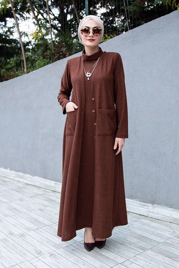 Tesettür giyim  CEPLİ İKİLİ TRİKO ELBİSE 7608  - TRENDTESETTÜR