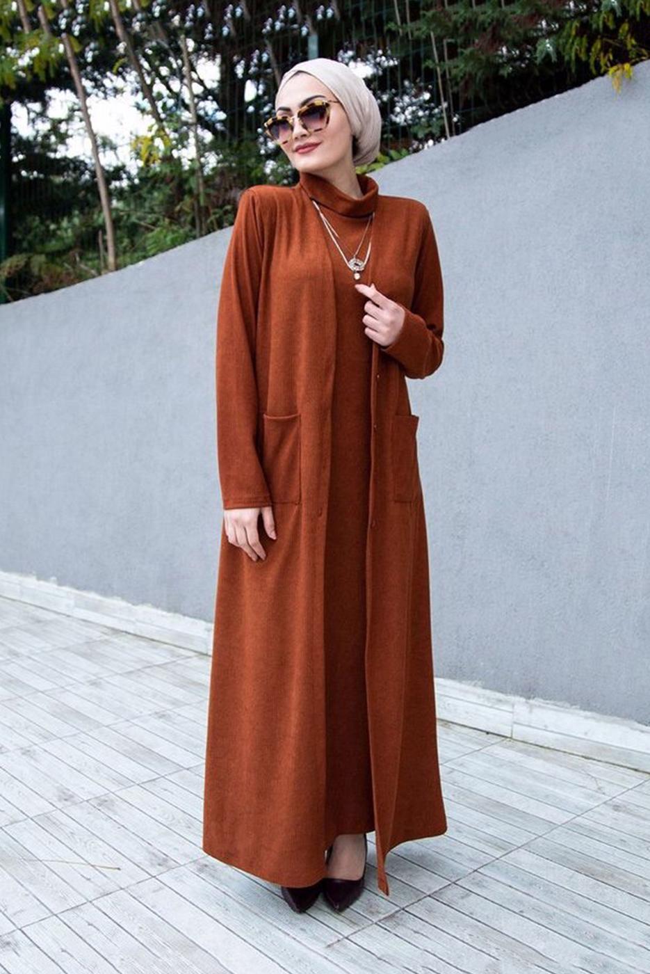 Vêtements hijab BRUN ROBE 2 PIÈCES DÉTAIL POCHE 7608