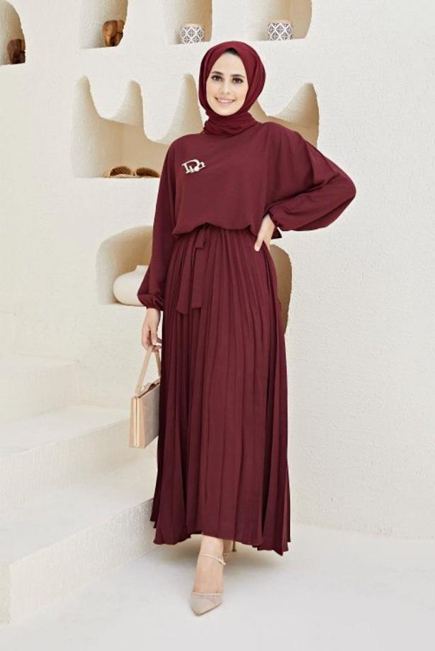 Vêtements hijab  BELTED DRESS WITH PLEATED SKIRT 80001  - TRENDTESETTÜR