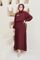 Vêtements hijab ROUGE BORDEAUX ROBE CEINTURÉE AVEC JUPE PLISSÉE 80001