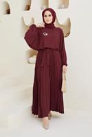 Vêtements hijab ROUGE BORDEAUX ROBE CEINTURÉE AVEC JUPE PLISSÉE 80001