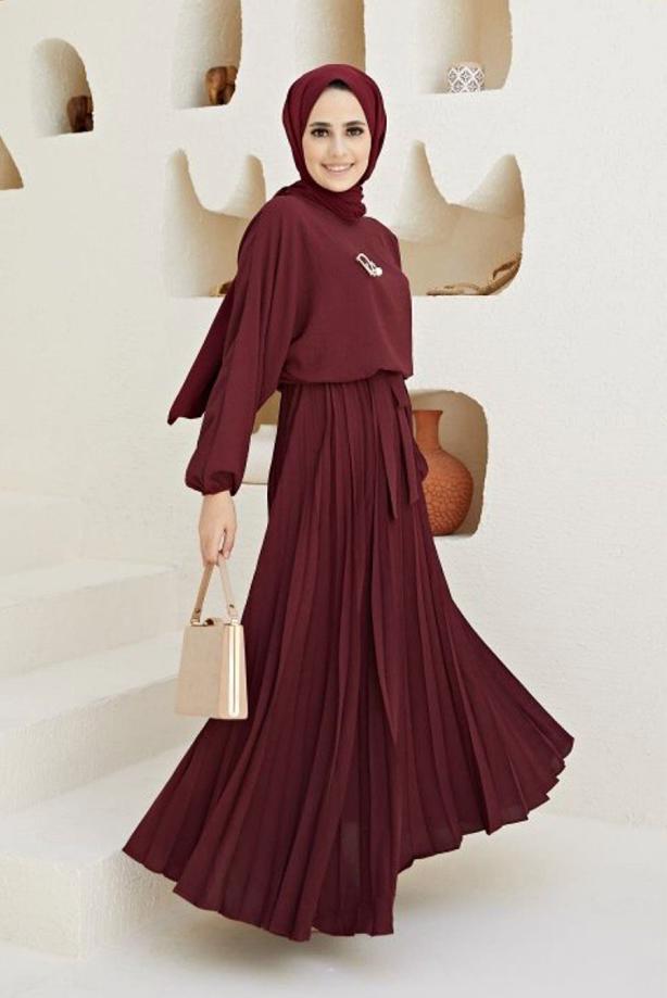 Vêtements hijab  BELTED DRESS WITH PLEATED SKIRT 80001  - TRENDTESETTÜR
