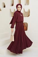 Vêtements hijab ROUGE BORDEAUX ROBE CEINTURÉE AVEC JUPE PLISSÉE 80001