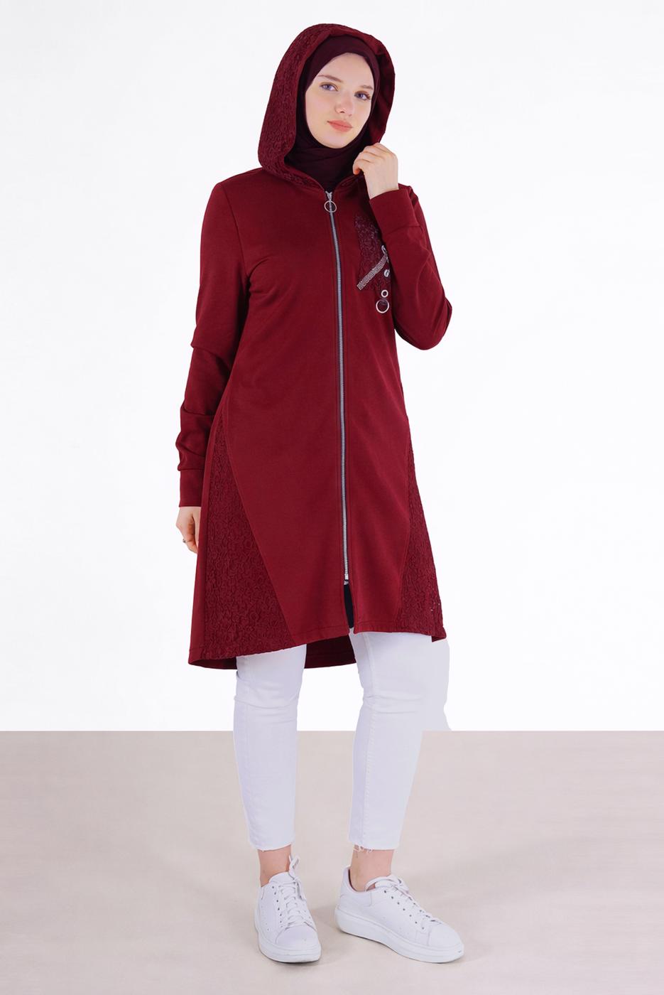 Hijab clothing CLARET RED ALVINA EYELET DETAILED TRACKSUIT TUNIC T 42440
