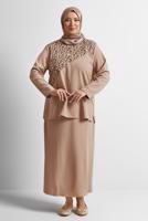 Tesettür giyim BEJ ALVİNA DESENLİ ETEKLİ TAKIM T 20192