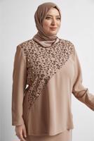 Tesettür giyim BEJ ALVİNA DESENLİ ETEKLİ TAKIM T 20192