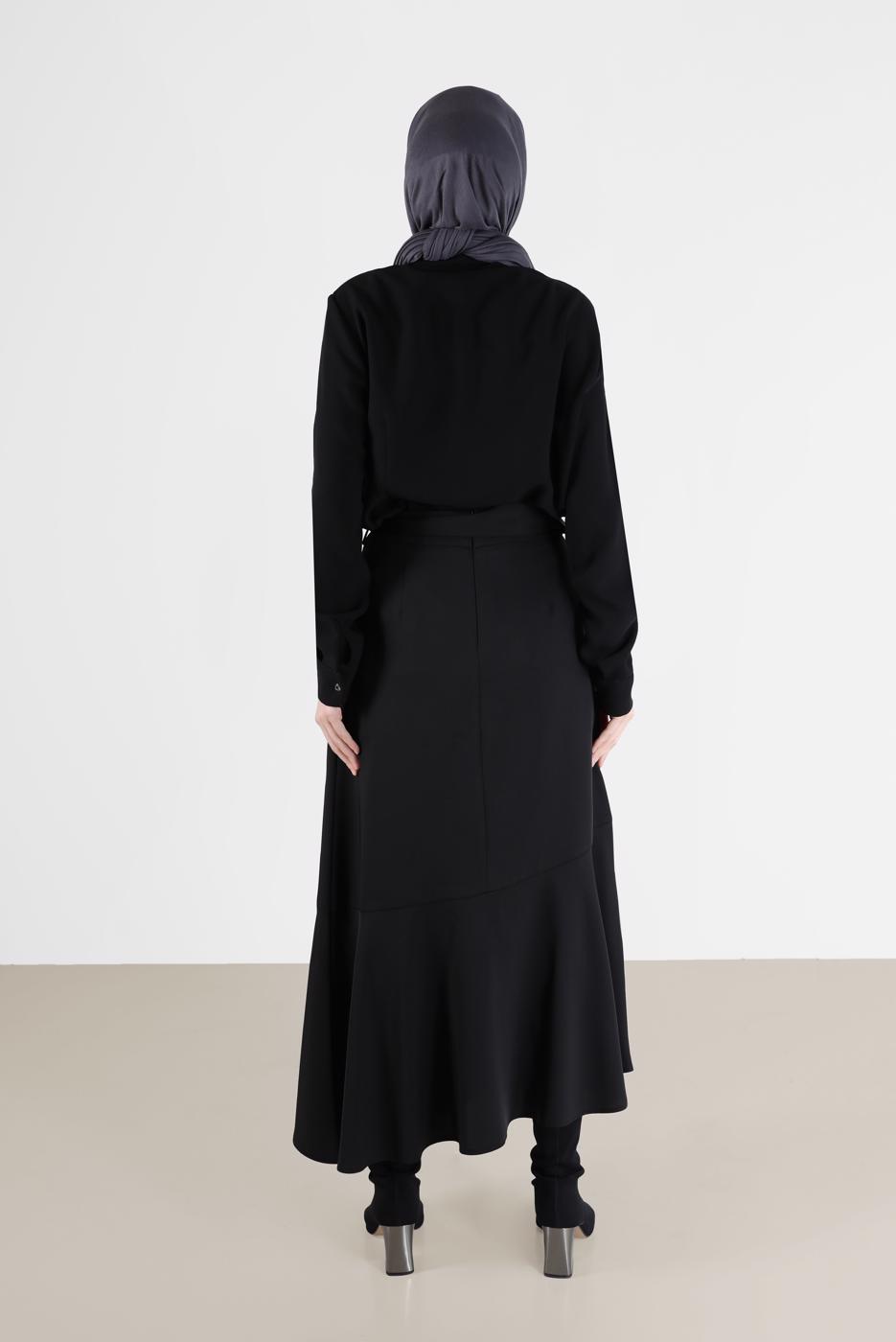 Hijab clothing BLACK ALVİNA ASYMMETRIC CUT FRILLED BELTED SKIRT 60002