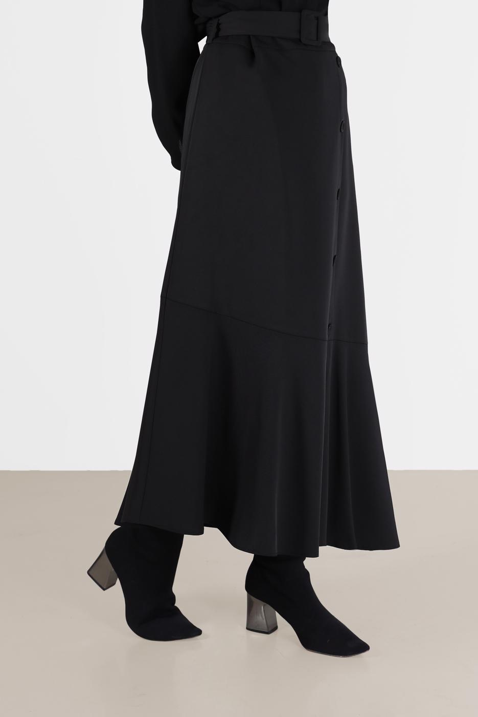Hijab clothing BLACK ALVİNA ASYMMETRIC CUT FRILLED BELTED SKIRT 60002