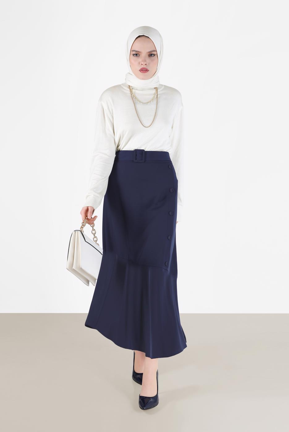 Tesettür giyim LACİVERT ASİMETRİK KESİM VOLANLI KEMERLİ ETEK 60002