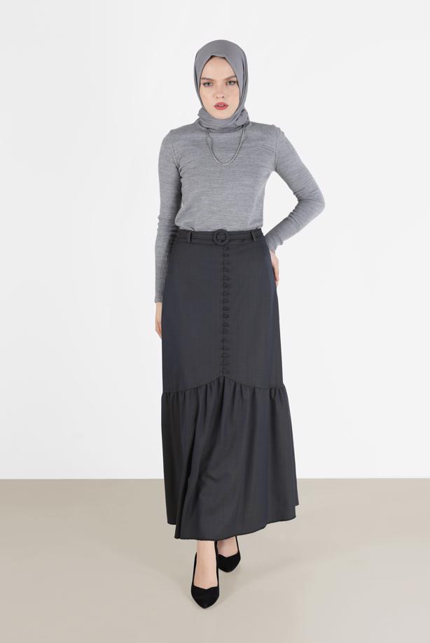 Hijab clothing NAVY BLUE ALVİNA FRILLED BUTTONED BELTED SKIRT 60009 - TRENDTESETTÜR