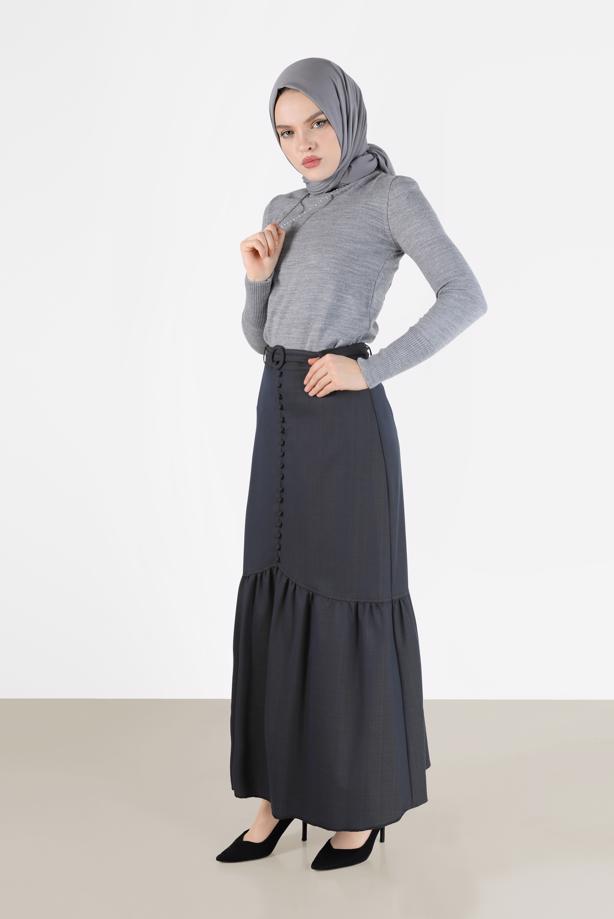 Hijab clothing NAVY BLUE ALVİNA FRILLED BUTTONED BELTED SKIRT 60009 - TRENDTESETTÜR