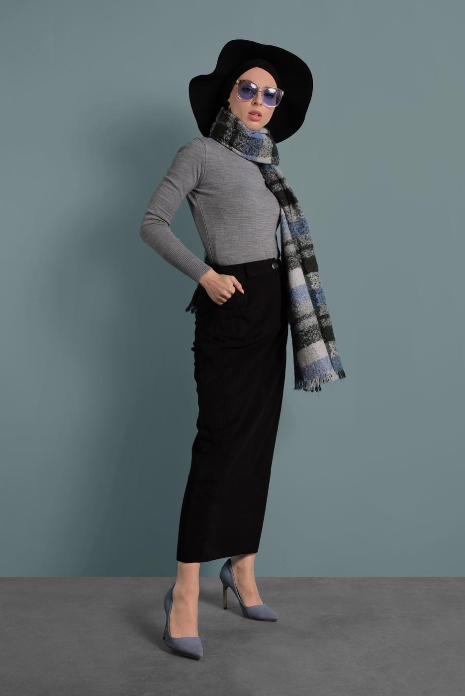 Tesettür giyim SİYAH ALVİNA KADİFE ETEK 60035 