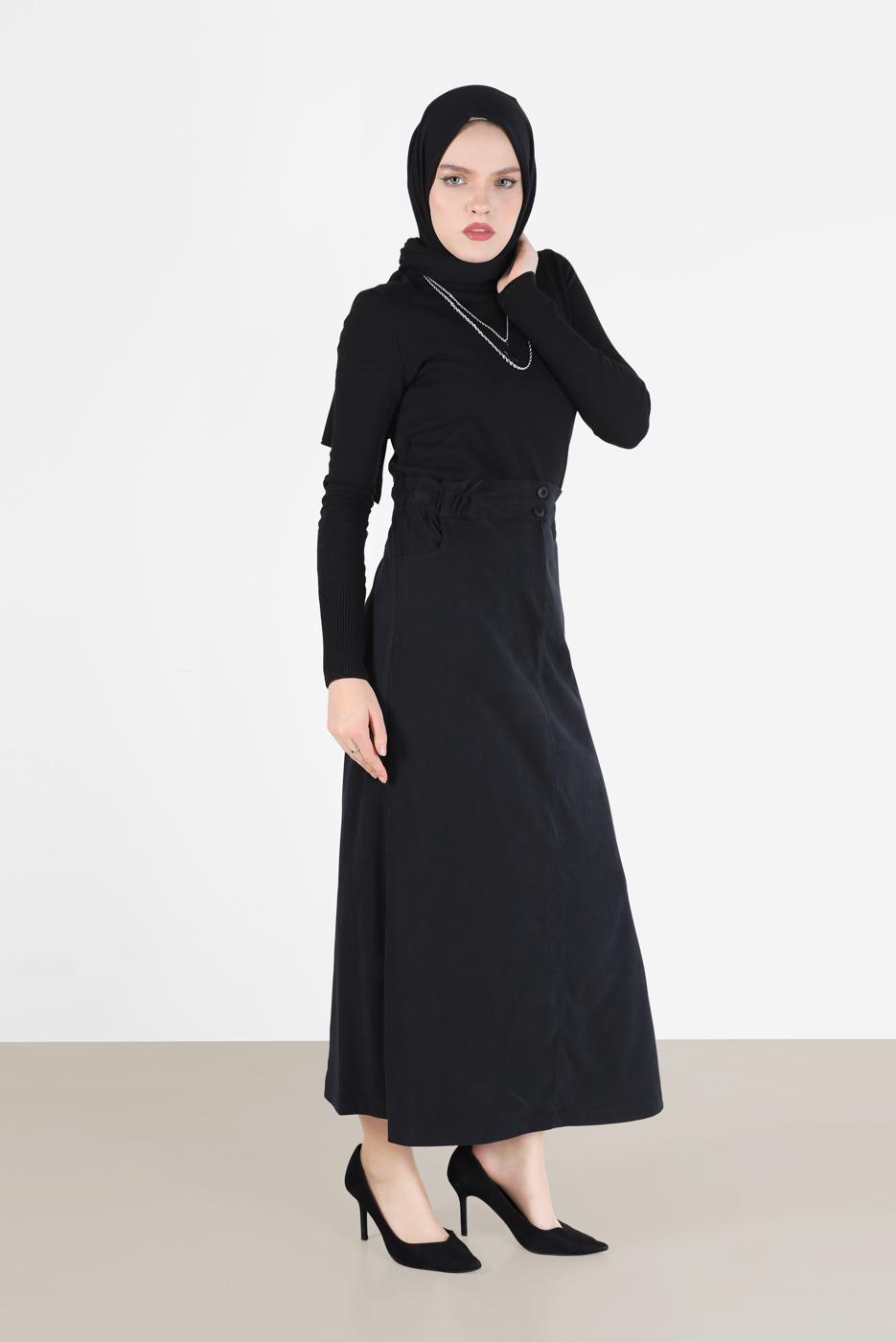 Tesettür giyim SİYAH ALVİNA BELİ LASTİKLİ NUBUK ETEK 60117 