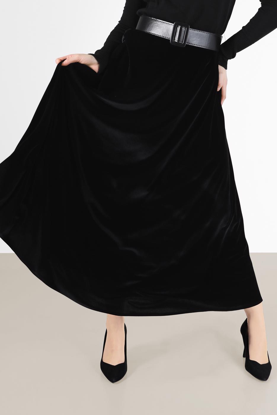 Hijab clothing BLACK ALVİNA FLOWING VELVET SKIRT 60123