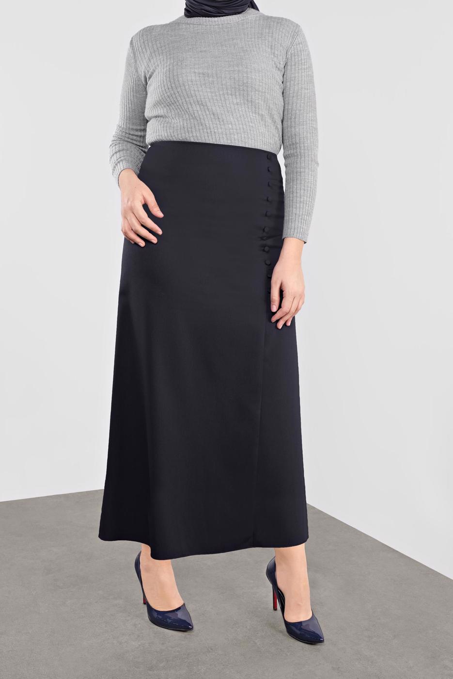 Hijab clothing NAVY BLUE ALVİNA BUTTON DETAIL CLASSIC SKIRT 60125