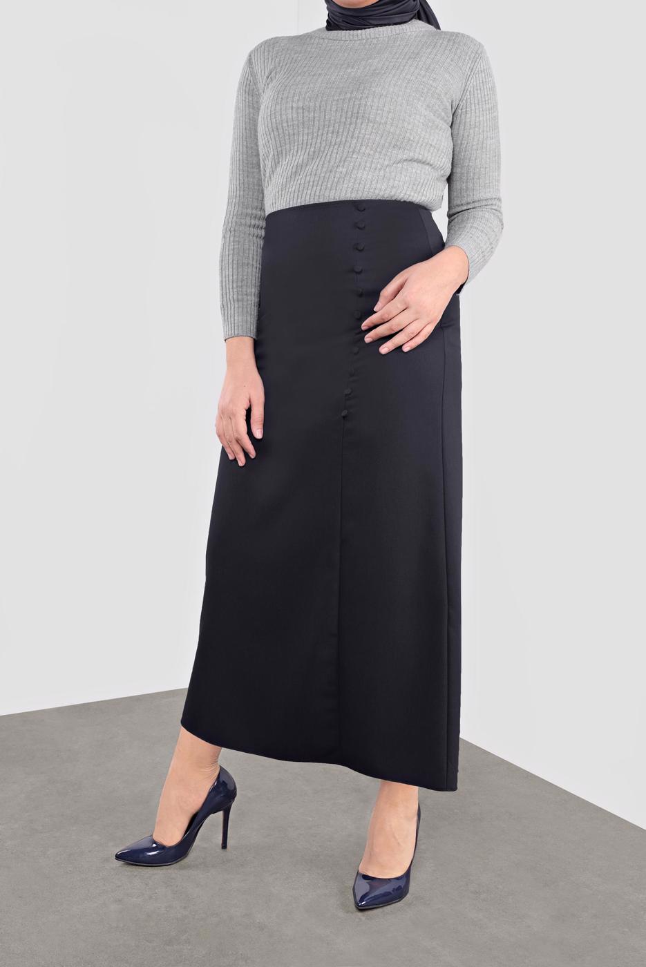 Hijab clothing NAVY BLUE ALVİNA BUTTON DETAIL CLASSIC SKIRT 60125