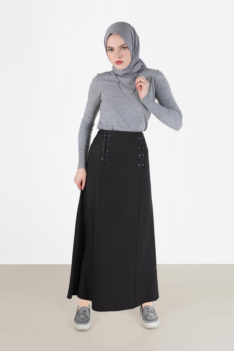 Hijab clothing BLACK ALVİNA EYELET DETAIL SKIRT 60128 
