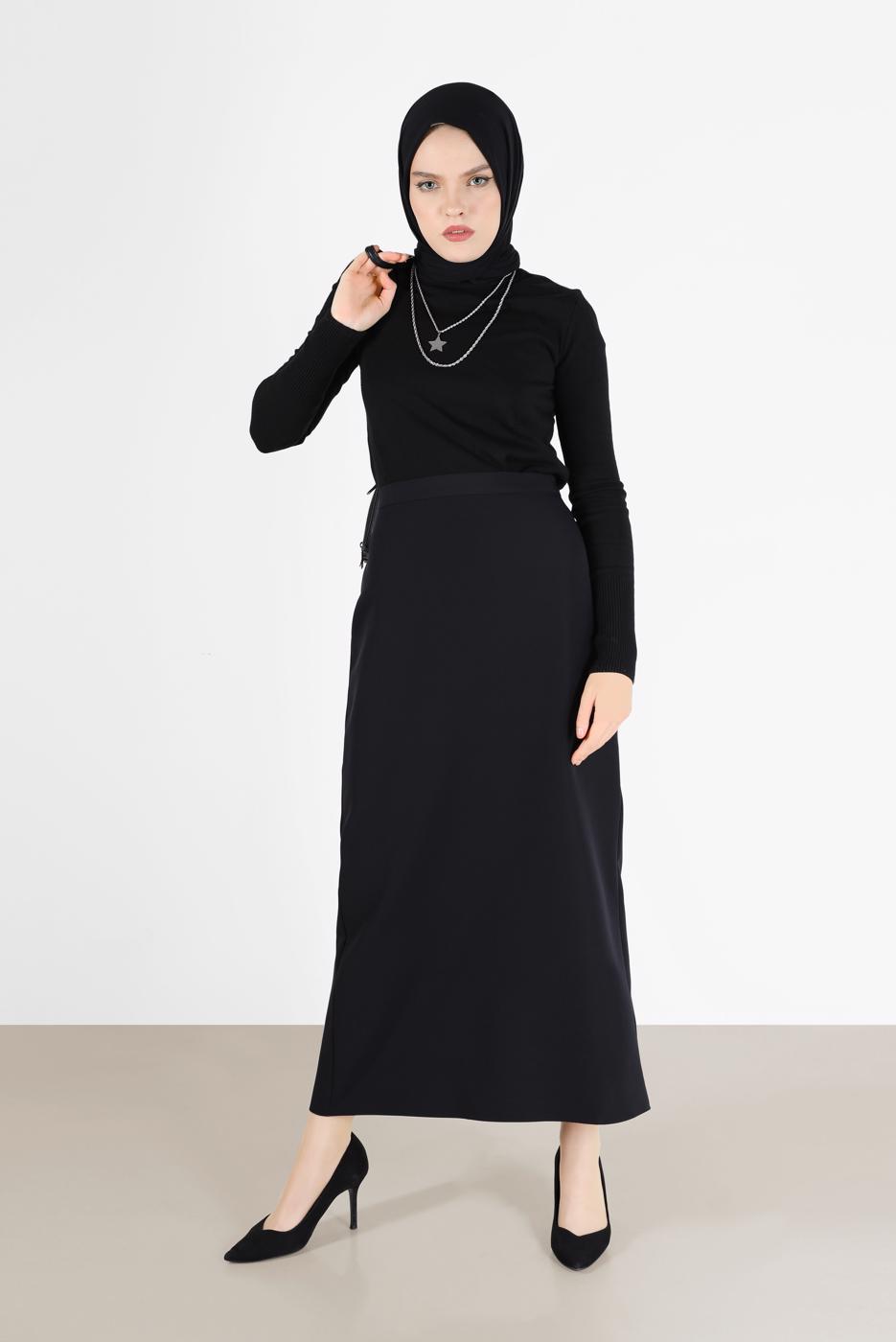 Tesettür giyim SİYAH ALVİNA GİZLİ YIRTMAÇLI YÜKSEK BEL ETEK 60131 