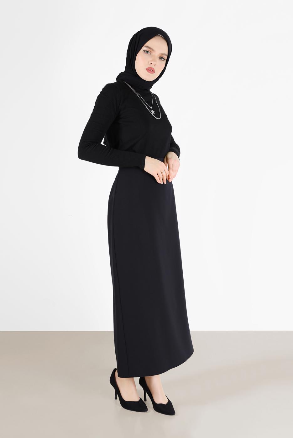 Tesettür giyim SİYAH ALVİNA GİZLİ YIRTMAÇLI YÜKSEK BEL ETEK 60131 