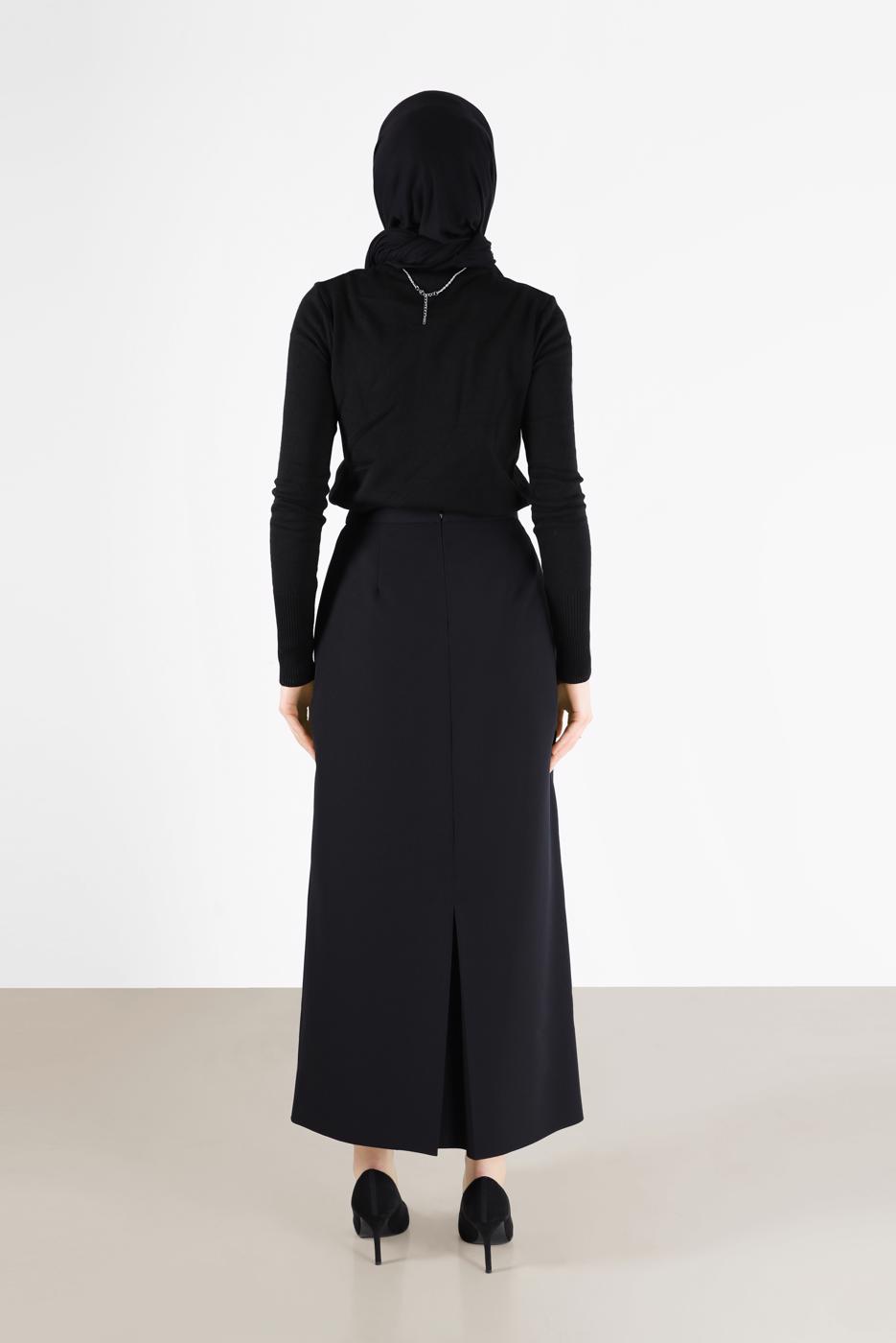 Tesettür giyim SİYAH ALVİNA GİZLİ YIRTMAÇLI YÜKSEK BEL ETEK 60131 