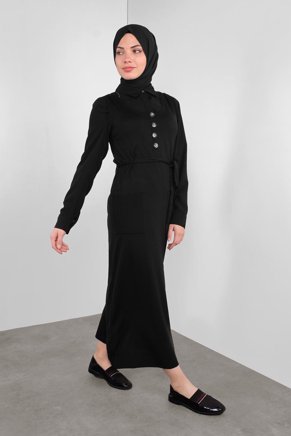 Tesettür giyim SİYAH BELİ KUŞAKLI DÜĞMELİ TRİKO JİLE 41037 