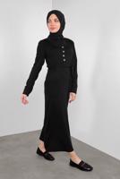 Tesettür giyim SİYAH BELİ KUŞAKLI DÜĞMELİ TRİKO JİLE 41037 