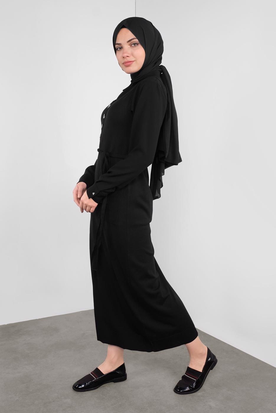 Tesettür giyim SİYAH BELİ KUŞAKLI DÜĞMELİ TRİKO JİLE 41037 