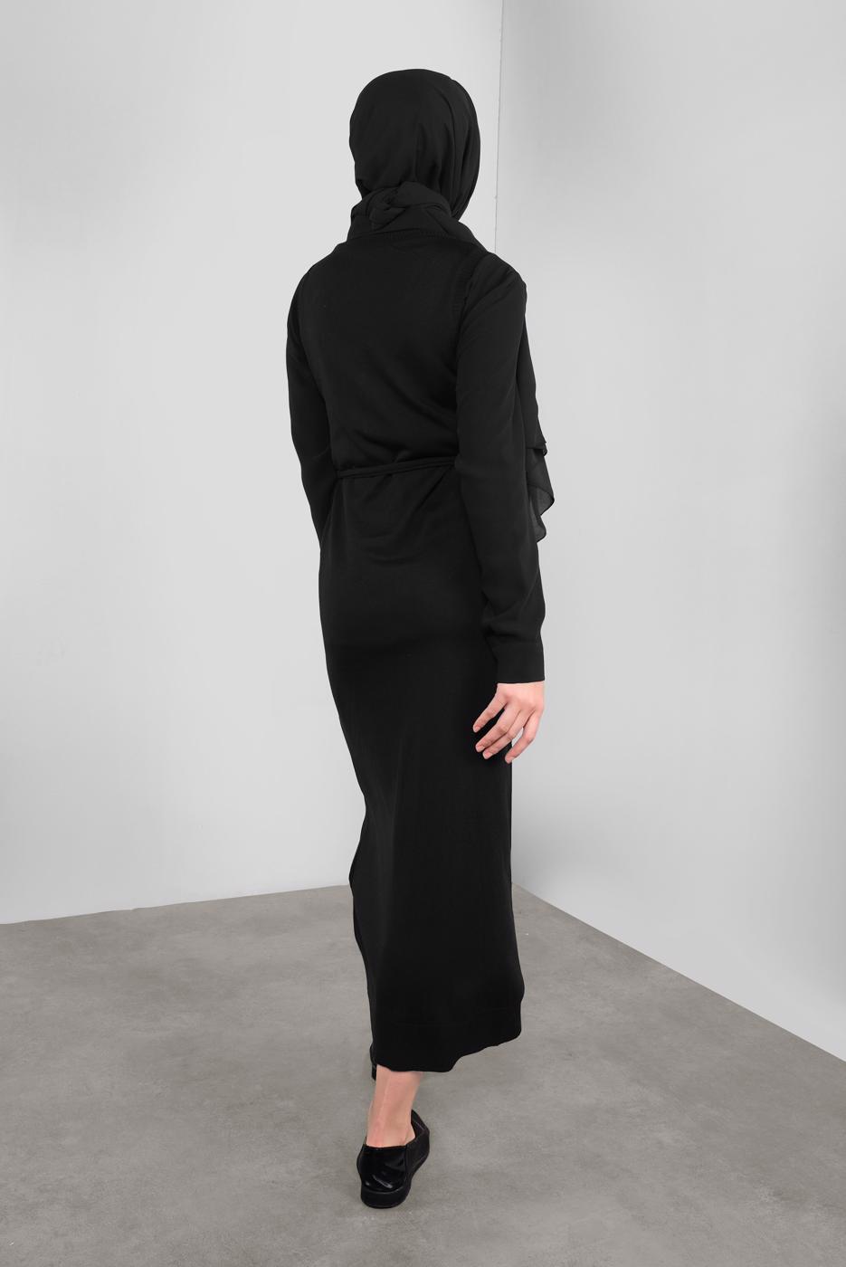 Tesettür giyim SİYAH BELİ KUŞAKLI DÜĞMELİ TRİKO JİLE 41037 