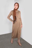 Tesettür giyim KAHVE BELİ KUŞAKLI DÜĞMELİ TRİKO JİLE 41037 
