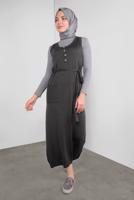 Tesettür giyim GRİ BELİ KUŞAKLI DÜĞMELİ TRİKO JİLE 41037 