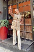 Tesettür giyim KAHVE BELİ BÜZGÜLÜ KOLLARI EKOSE DESENLİ KABAN 041