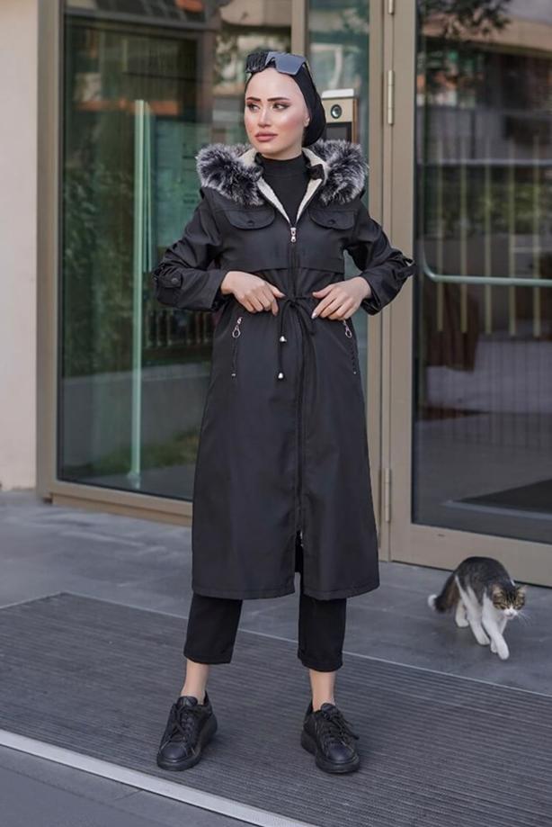 Hijab-Kleidung  BELİ BÜZGÜLÜ KAPÜŞONLU KABAN 77501  - TRENDTESETTÜR